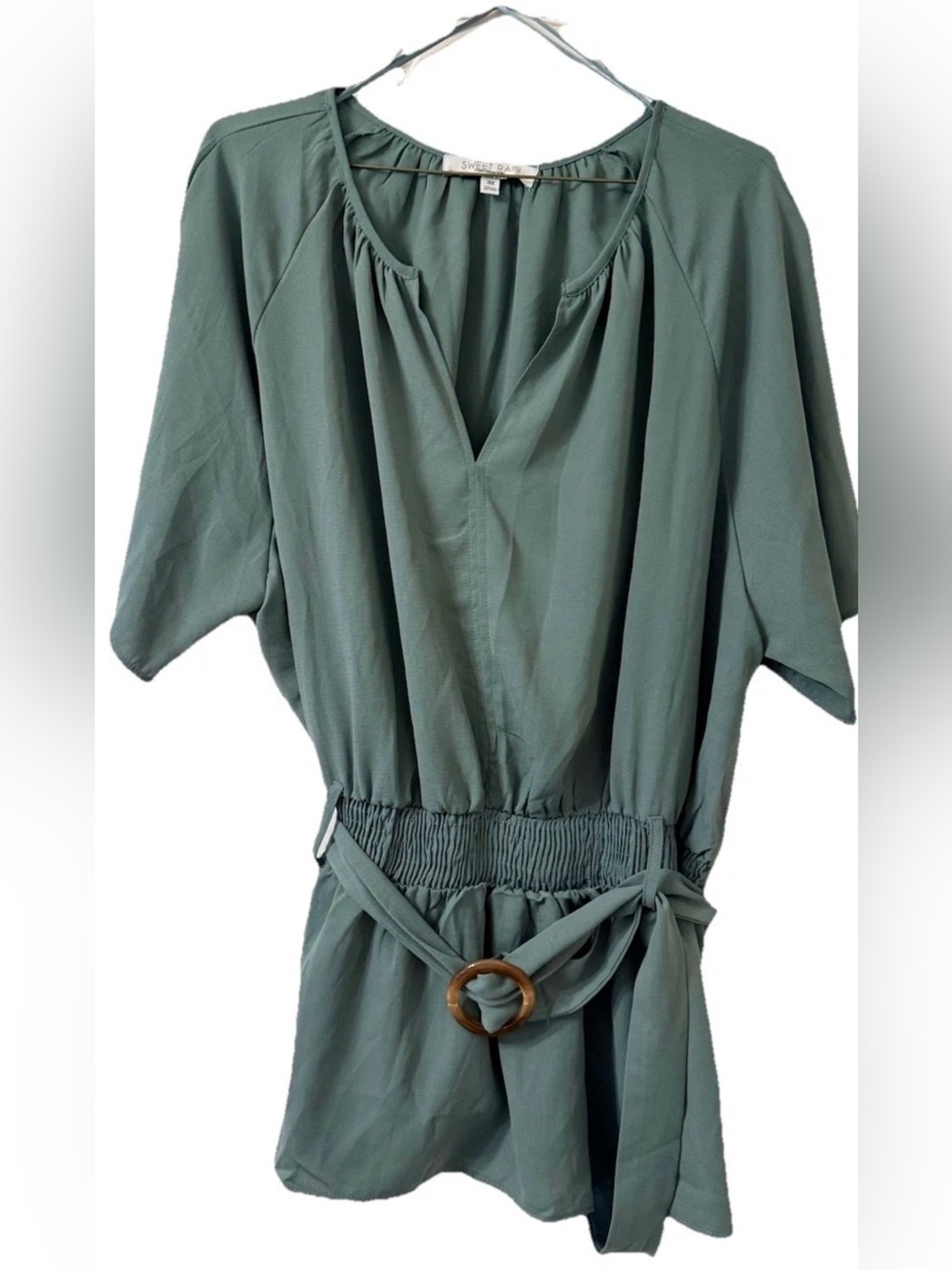 Sweet Rain Blouse Women’s 3X Green Belted Peplum V Neck